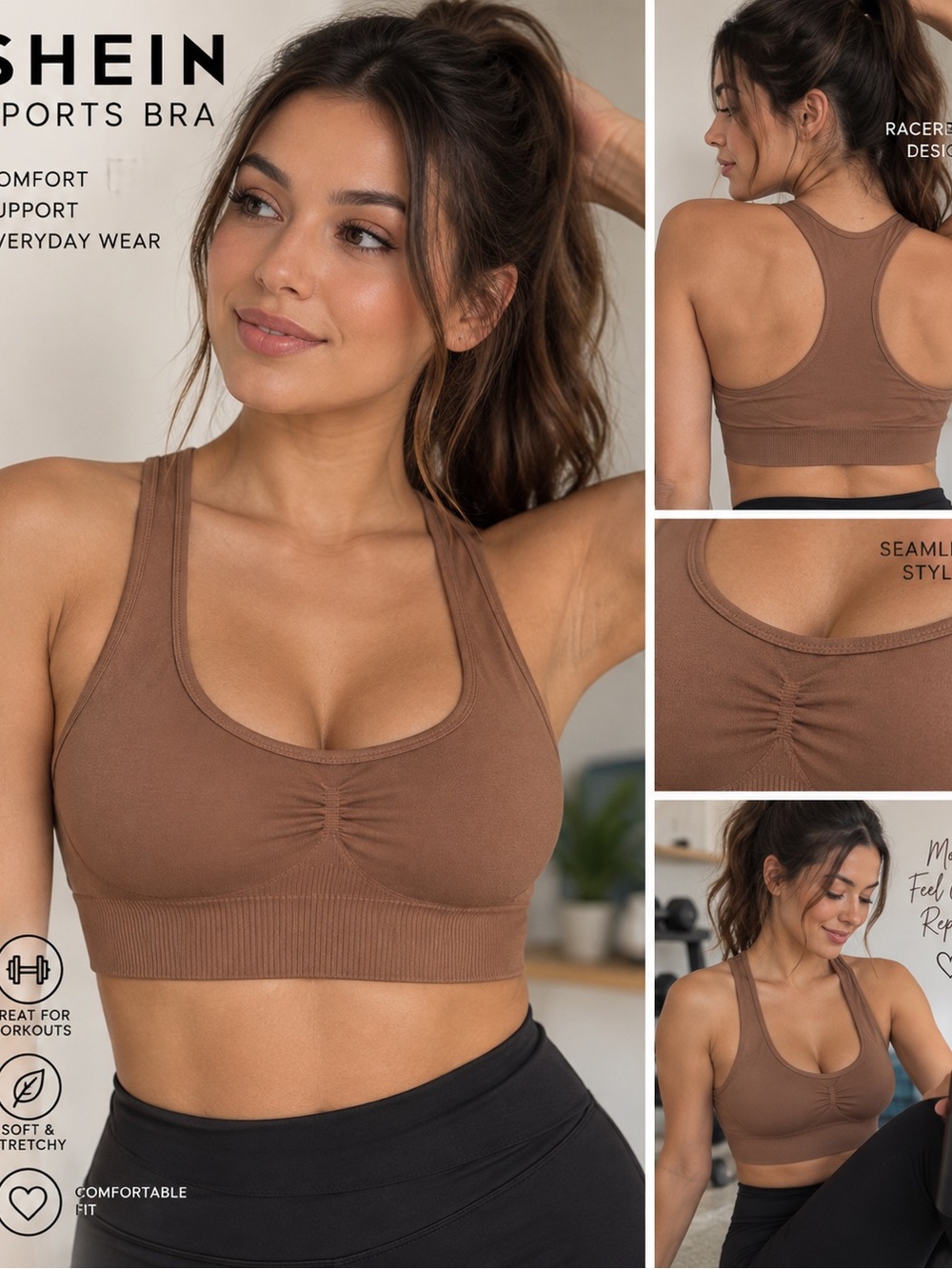 SHEIN Chocolate Brown Seamless Racerback Sports Bra